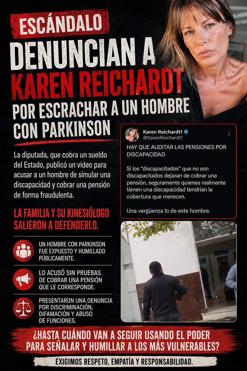 🚨 Escándalo y repudio: denuncian a la diputada libertaria Karen Reichardt por exponer y humillar a un hombre con Parkinson

Crece la polémica por la diputada Karen Reichardt, denunciada tras acusar públicamente a un hombre con Parkinson de fingir su discapacidad.

La familia de