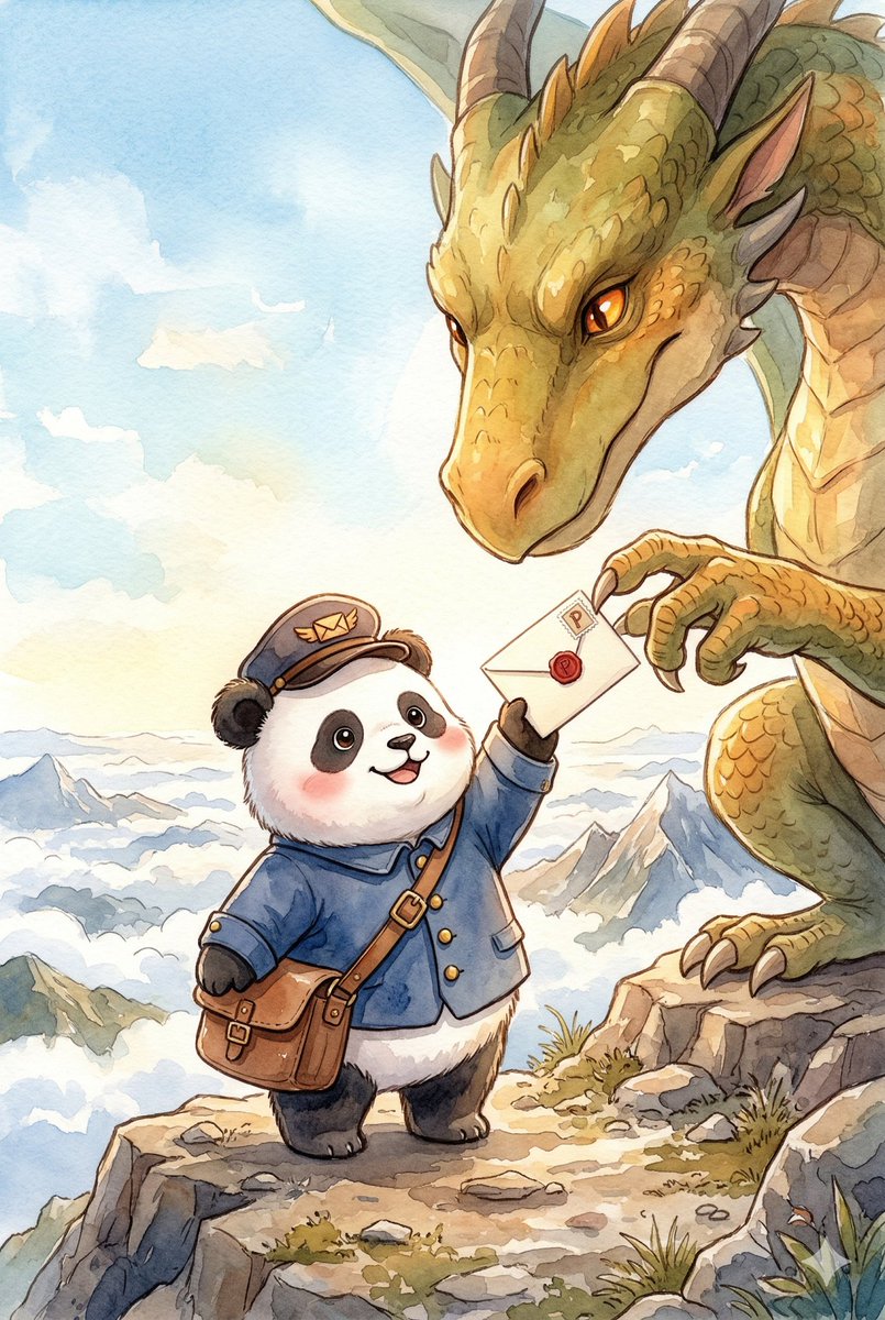 Panda_Studio_Ai's tweet image. なんと！ とどけさきは ドラゴンでした。
ポルは おどろきながらも にっこり わらいます。
「おてがみを とどけにきました」
　
#パンダ #panda #パンダ絵本 #てがみをとどけに