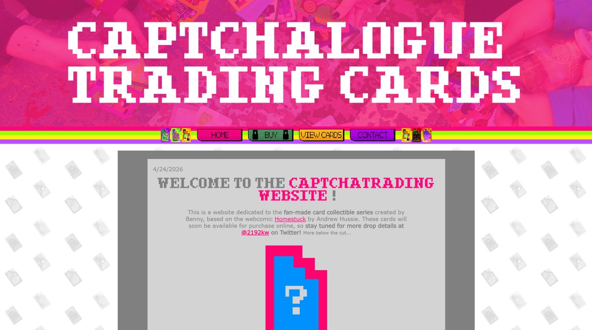 2192kw's tweet photo. Interested in purchasing these trading cards? A store is in progress!
Visit https://t.co/eEB9dmP20E for more info.
#Homestuck https://t.co/O86VeC52Ib