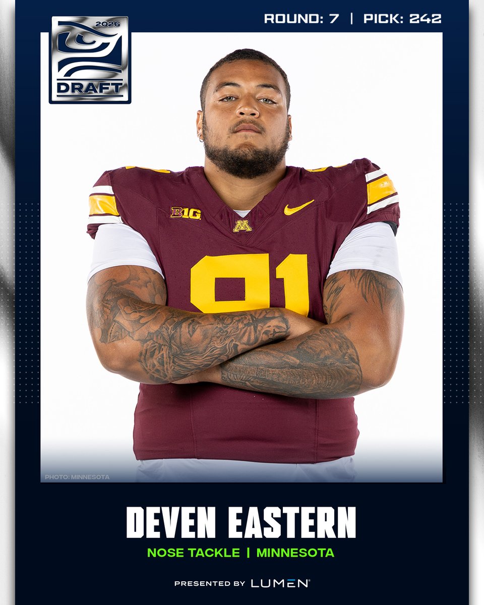 Seahawks's tweet image. The pick is in. With the 242nd pick, we've selected NT Deven Eastern.

Presented by @lumentechco