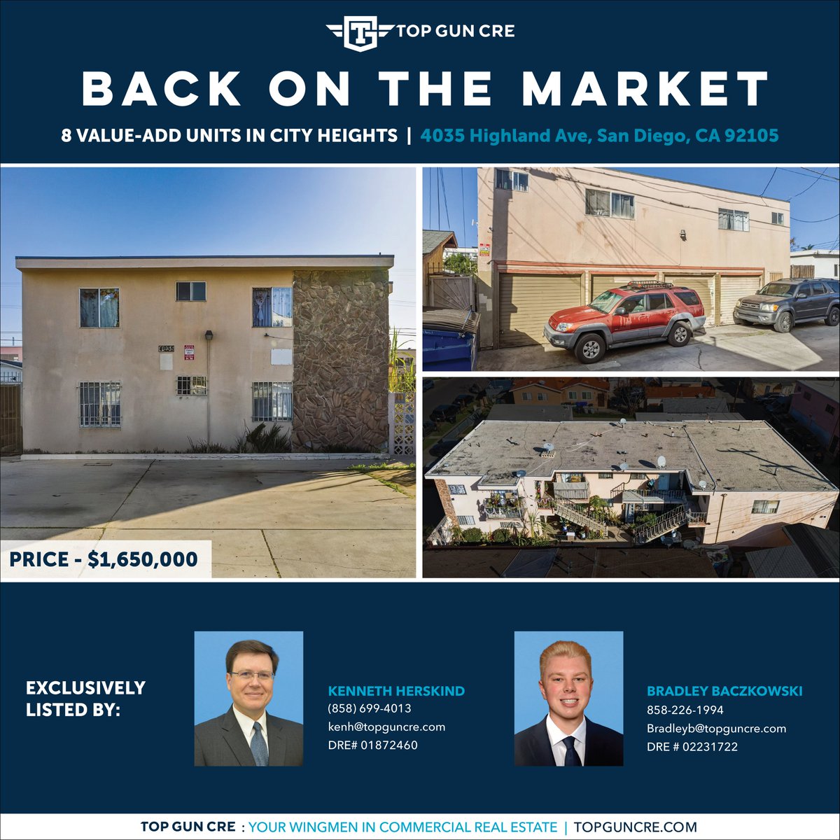 Back on the Market | 4035 Highland Ave
8-unit multifamily property located in San Diego, CA 92105. Situated in the City Heights submarket.

Check out our website for more information!

TopGunCRE.com