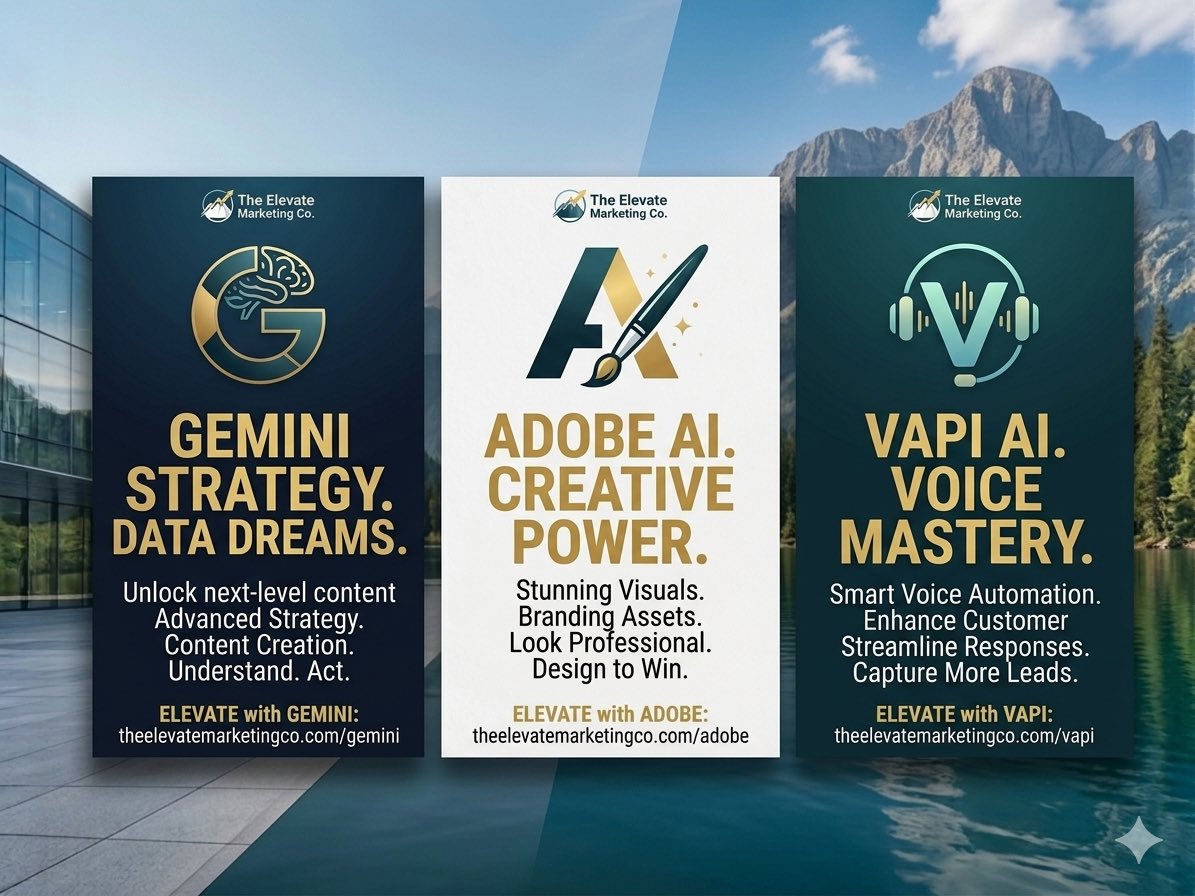 ElevateMktgCo's tweet photo. 🚀 Get big-agency power without the cost. Elevate integrates AI to help your small business grow smarter and faster:
✨ Gemini: Strategy &amp; Insights
🎨 Adobe: Stunning Visuals
📞 Vapi: Smart Automation
Ready to compete at a higher level? Let’s grow. 📈
#ElevateMarketing #AI https://t.co/ByfsIesIJo