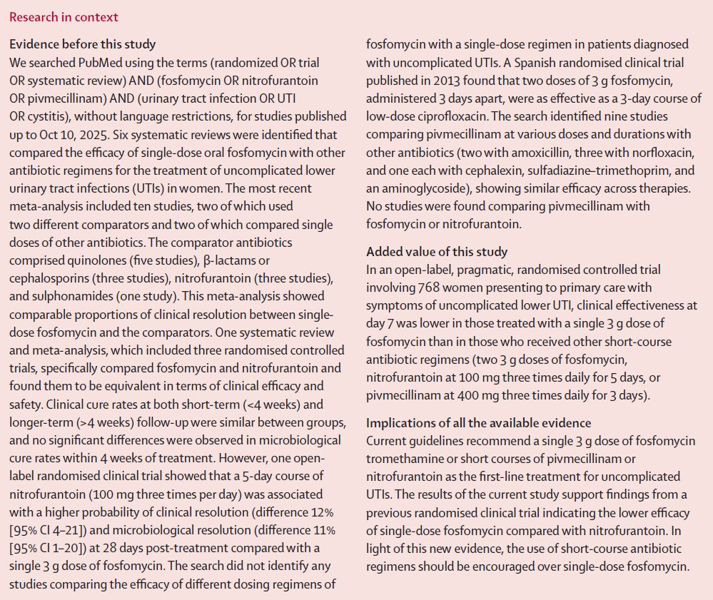 TheLancet's tweet photo. A study, presented at @ESCMID, found that Nitrofurantoin was the most effective treatment and single-dose fosfomycin the least effective treatment for uncomplicated urinary tract infections (UTIs).

Explore the research: https://t.co/syoVSAALDo #ESCMIDGlobal2026 #ESCMID https://t.co/yTIBtjRqPc