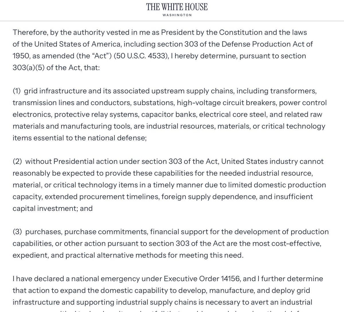 The White House just announced that grid infrastructure is essential to national defense. Here are the stocks that benefit :

Grid Equipment &amp; Infrastructure:
$ETN (Eaton)
$GEV (GE Vernova)
$HUBB (Hubbell)
$PWR (Quanta Services)

Utilities &amp; Power Generation:
$NEE (NextEra