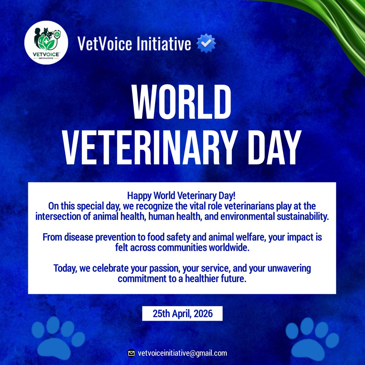 VetV_Initiative's tweet photo. Happy World Veterinary Day 🐾

To those who chose a path where patients cannot speak, yet are deeply understood,we celebrate you.
Vet. med is more than a profession. It is compassion in action, resilience in uncertainty, and a daily commitment to preserving life in all its forms. https://t.co/4bFG6gwtyi