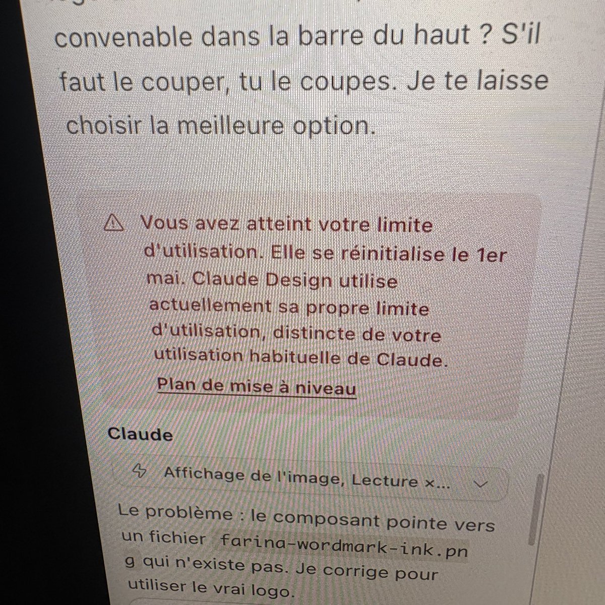 esban07's tweet photo. Claude design, j’ai pris le plan à 130€ /mois, pour atteindre ma limite d’utilisation avec 4 projets ( même pas fini )  @AnthropicAI  ça fait 3 semaines que je suis en constante frustration avec vos limites de zouave ! Attendez d’être opérationnels, au lieu de vouloir surfer la vague à tout prix si maladroitement…