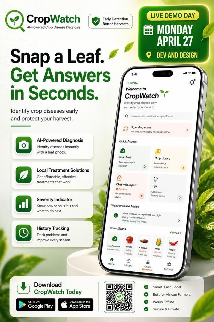 Techiepatrah's tweet photo. Africa loses billions yearly to preventable crop disease.

We built CropWatch—an AI tool that lets farmers snap a leaf, get instant diagnosis, and act fast.

Built by us at @devanddesignhq, focused on turning real African problems into scalable products.

If you’re building in agri-fintech or supply chains, CropWatch is the missing intelligence layer.

#innovation #startups
