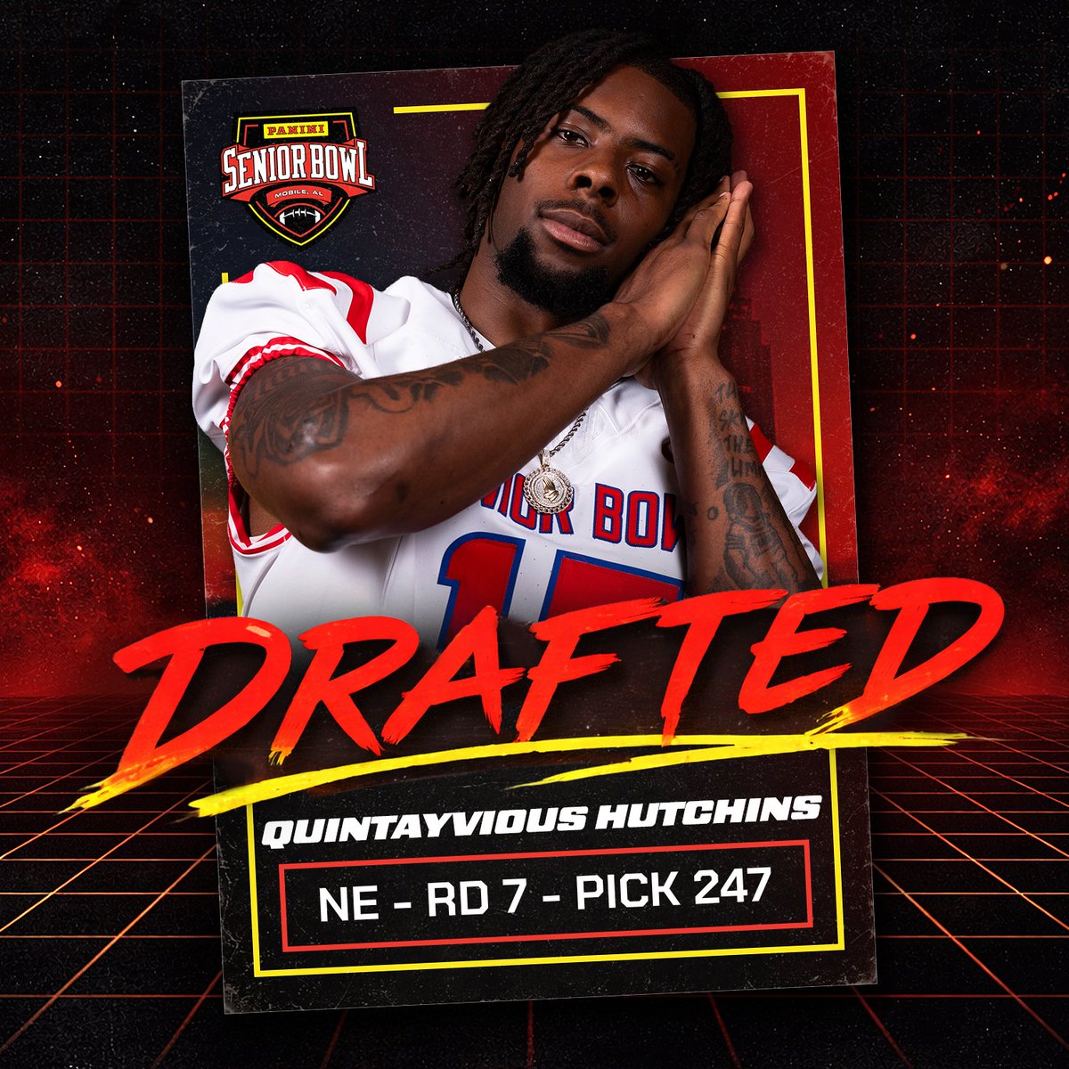 seniorbowl's tweet photo. NFL bound.

EDGE Quintayvious Hutchins from Boston College is selected by the New England Patriots.

@QuintayviousHu3 | @BCFootball | @Patriots 

#TheDraftStartsInMobile https://t.co/Dlgi5dFeDE