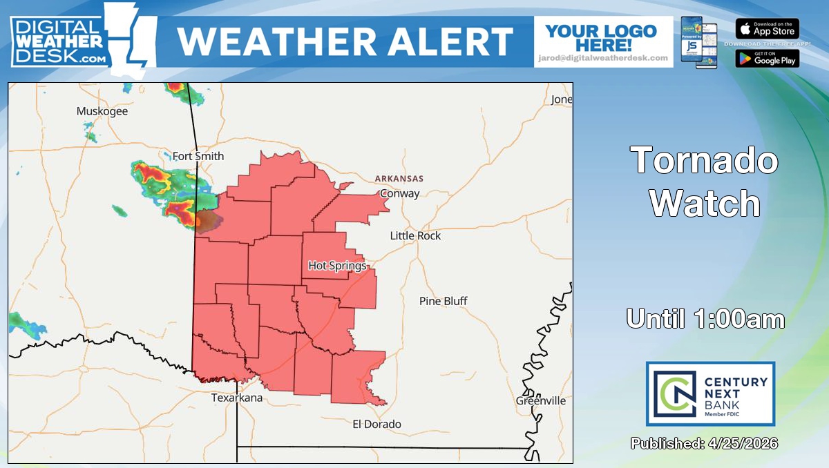 Tornado Watch for Ouachita County in AR until 1:00am.