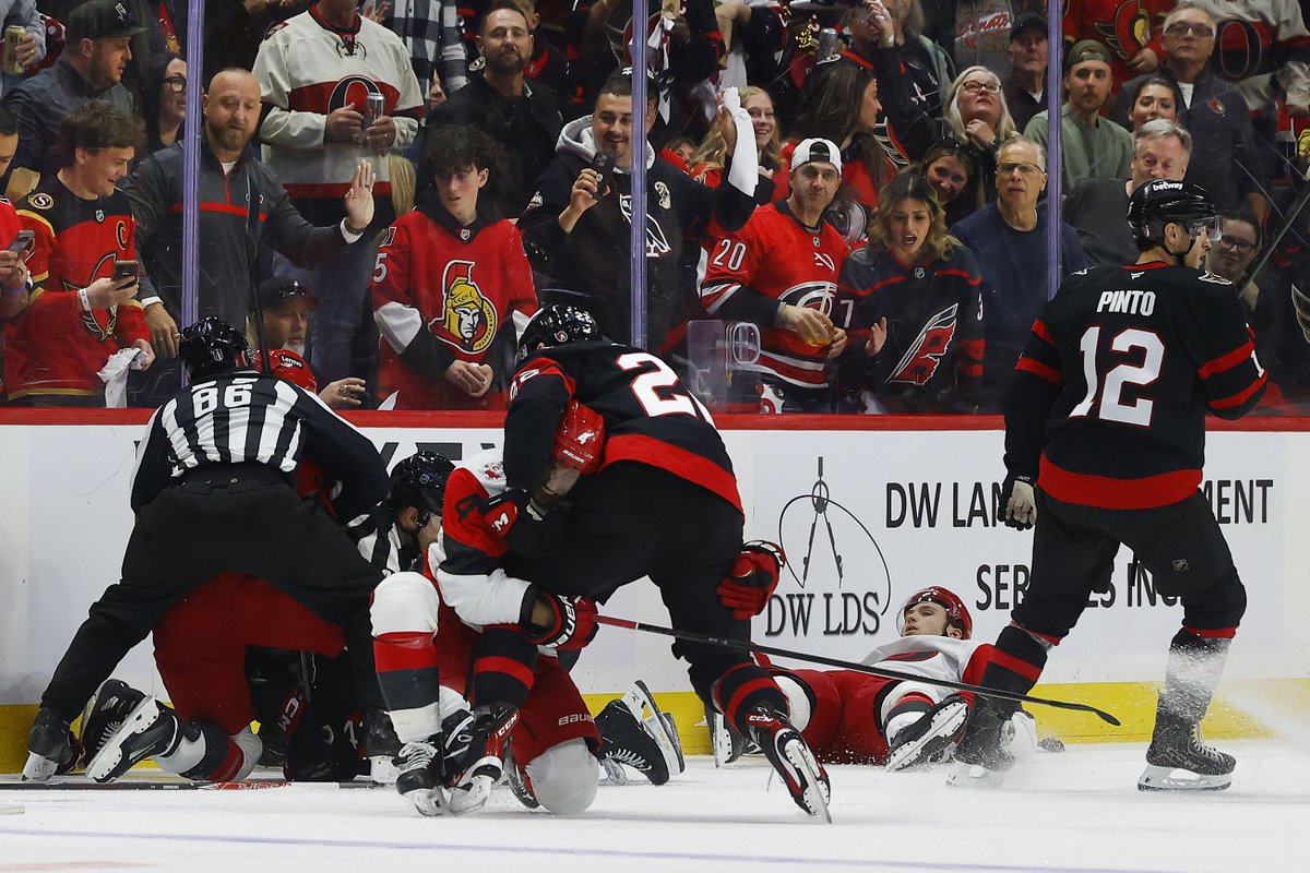 tonysunphoto's tweet image. #Ottawa Senator Tyler Kleven tries hits Alexander Nikishin from the Carolina #Hurricanes during second period playoff action at the Canadian Tire Centre in Ottawa Saturday. @OttawaCitizen @SunGarrioch #NHL #SENS
