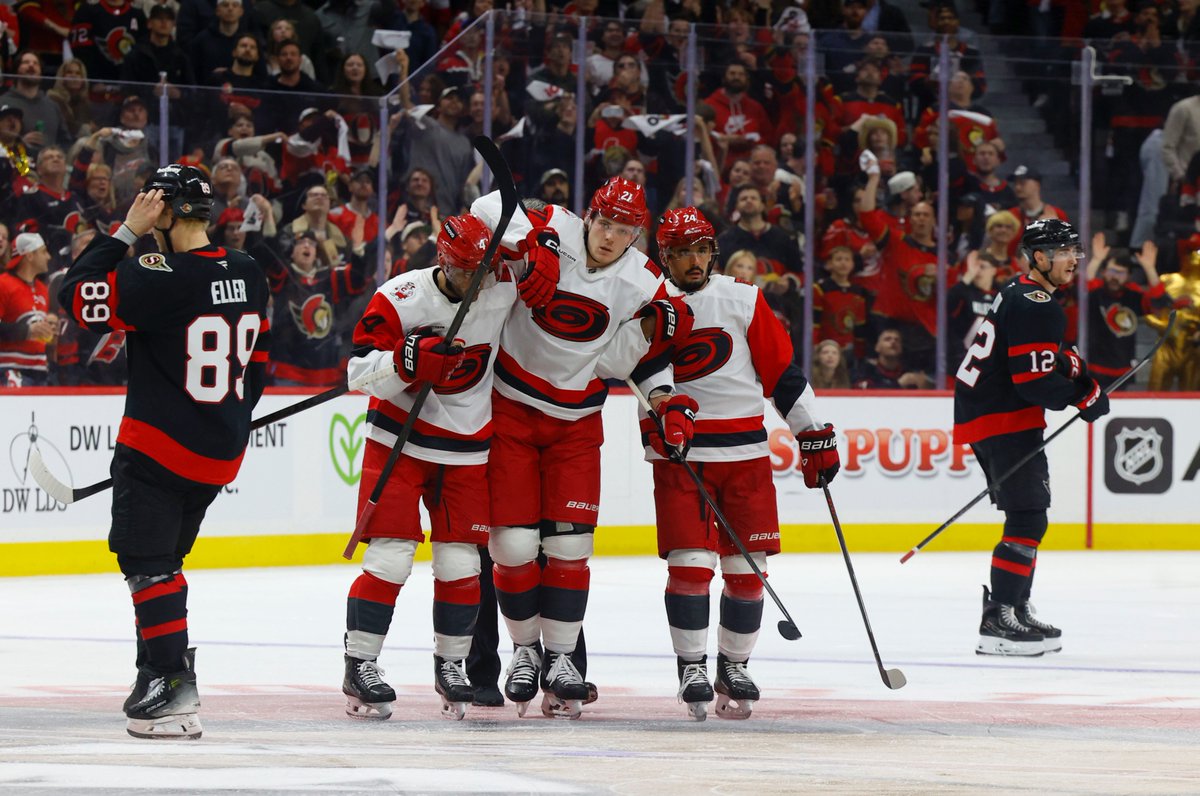 tonysunphoto's tweet image. #Ottawa Senator Tyler Kleven tries hits Alexander Nikishin from the Carolina #Hurricanes during second period playoff action at the Canadian Tire Centre in Ottawa Saturday. @OttawaCitizen @SunGarrioch #NHL #SENS