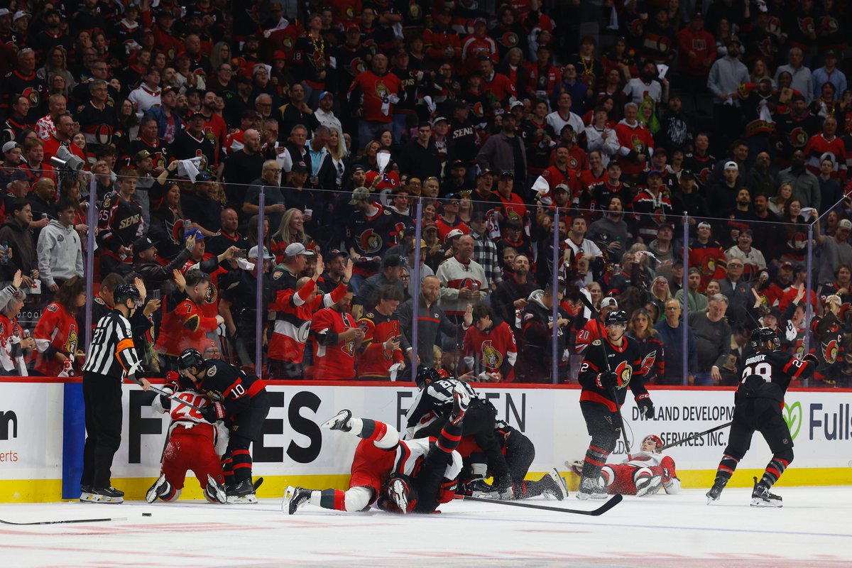 tonysunphoto's tweet image. #Ottawa Senator Tyler Kleven tries hits Alexander Nikishin from the Carolina #Hurricanes during second period playoff action at the Canadian Tire Centre in Ottawa Saturday. @OttawaCitizen @SunGarrioch #NHL #SENS