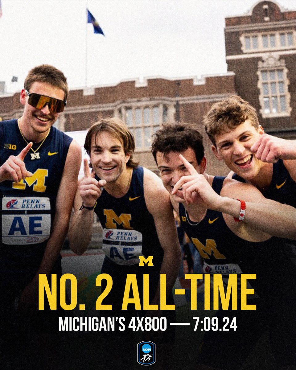 NCAATrackField's tweet image. Michigan delivers history 🤯
Program record. Penn Relays record. No.2 All-Time 🙌

#NCAATF x @UMichTrack