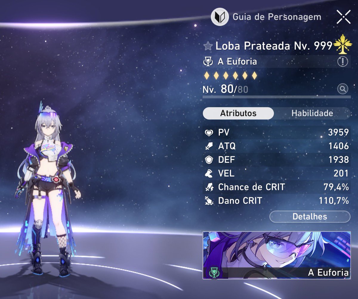 stariandiamond's tweet image. FINALMENTE EU CONSEGUI!!! 💜👾

Minha build da Silver Wolf SW999 atingiu os 201 de velocidade!

— CRIT Rate 79.4%
— CRIT Dmg 110.7%
— Speed 201