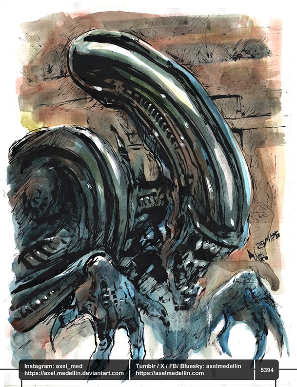 AxelMedellin's tweet image. #dailydrawing 5394 #dibujodiario #drawingoftheday #alien #alienday #alienday426 #xenomorph #fanart #sciencefictionart #watercolor #penandink #traditionalart