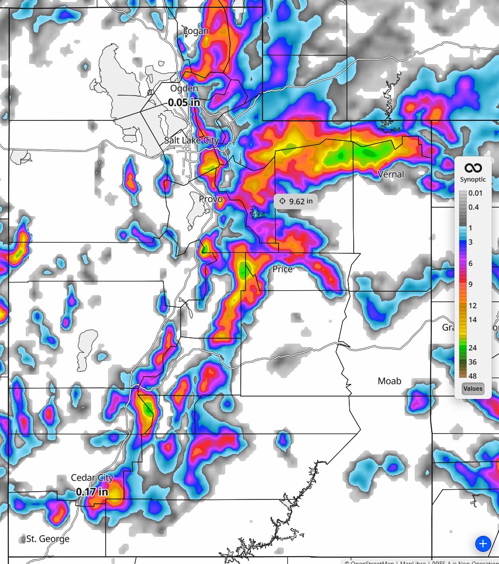 scotchipman's tweet image. Back to winter for the mountains of Utah! Image is the 18Z RRFS model forecasted snowfall through 6pm Wed. The RRFS is an experimental next-generation high-resolution weather forecast model. Data provided by @SynopticWX 

#utwx