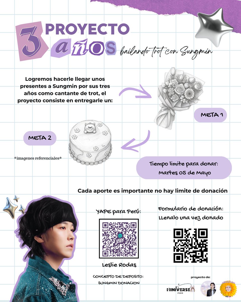 sungminperu's tweet photo. Nuestro primer proyecto colaborativo; por los 3 años de Sungmin en el trot! 💜

Tenemos planeadas las siguientes metas:
Meta 1: Bouquet 
Meta 2: Torta

Fecha límite para donar:05 de mayo
Meta aproximada:200 dólares

Formulario de donación:
https://t.co/2g3eigZarf

#Sungmin #성민 https://t.co/rX04Dtbmdh