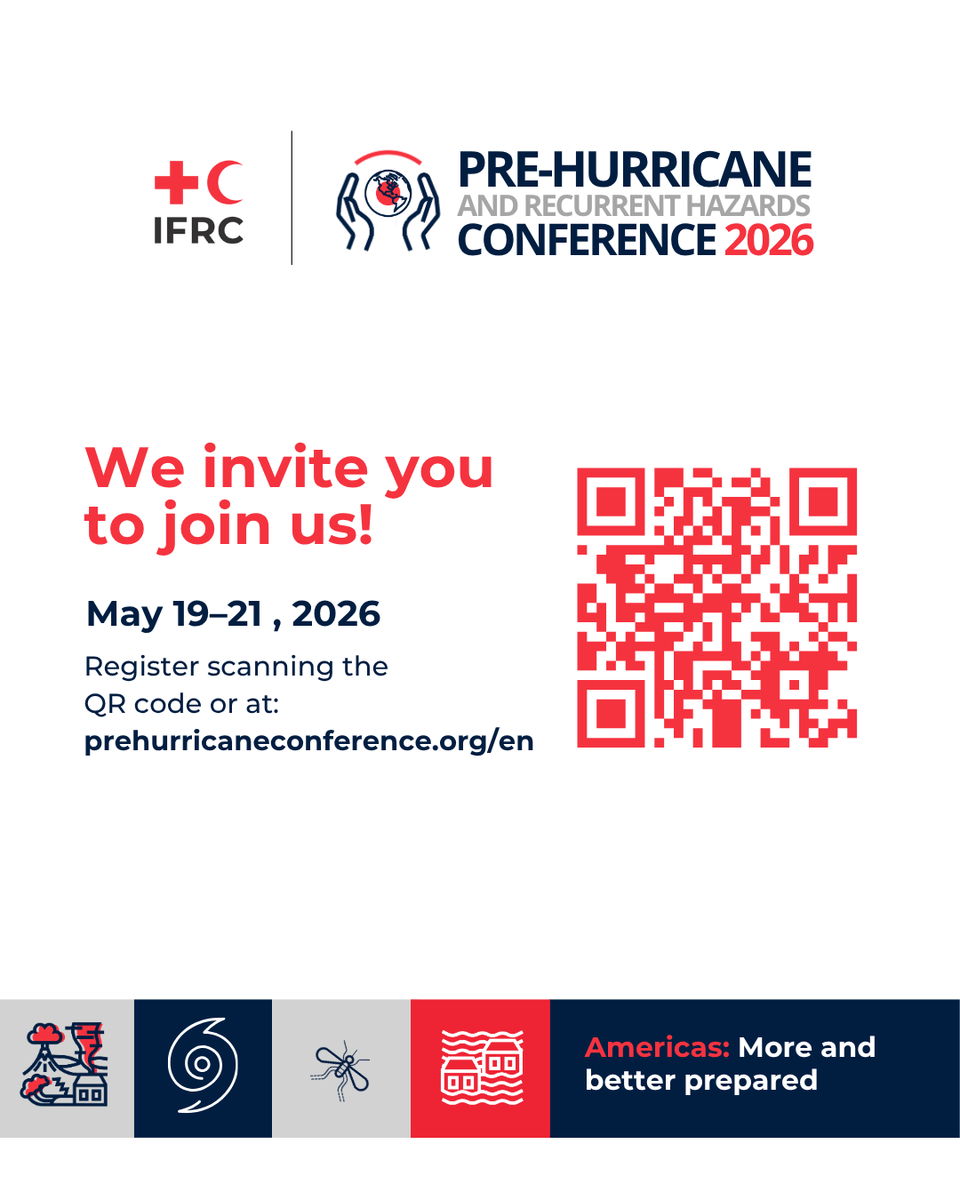 IFRC_es's tweet photo. 📣 Registration is now open for the 2026 Pre-Hurricane and Recurrent Hazards Conference!

📅 May 19–21, 2026
🌎 Trilingual virtual event
🗣️ Español | English | Français

🔗 Register by scanning the QR code or visiting https://t.co/9Tg1cRHJml 

#MoreAndBetterPrepared https://t.co/flLCA8peLU