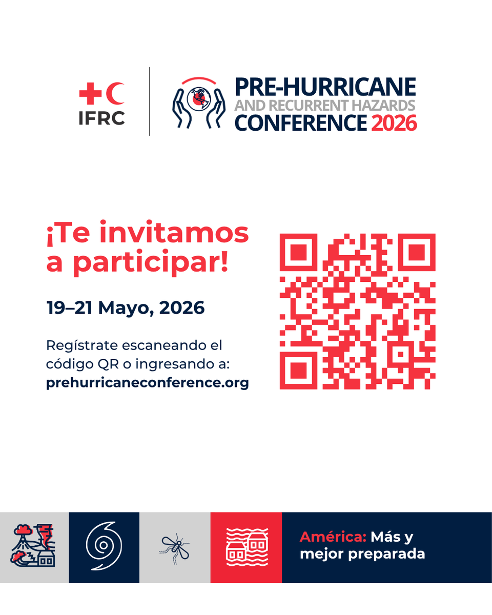IFRC_es's tweet photo. 📣 Registration is now open for the 2026 Pre-Hurricane and Recurrent Hazards Conference!

📅 May 19–21, 2026
🌎 Trilingual virtual event
🗣️ Español | English | Français

🔗 Register by scanning the QR code or visiting https://t.co/9Tg1cRHJml 

#MoreAndBetterPrepared https://t.co/flLCA8peLU