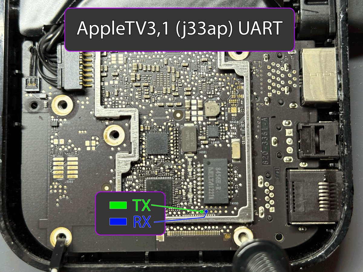 jenion's tweet photo. didn't see any google results for this, so to whom it may concern,
AppleTV3,1 (j33ap) UART testpoints: https://t.co/TCQ07gkJON