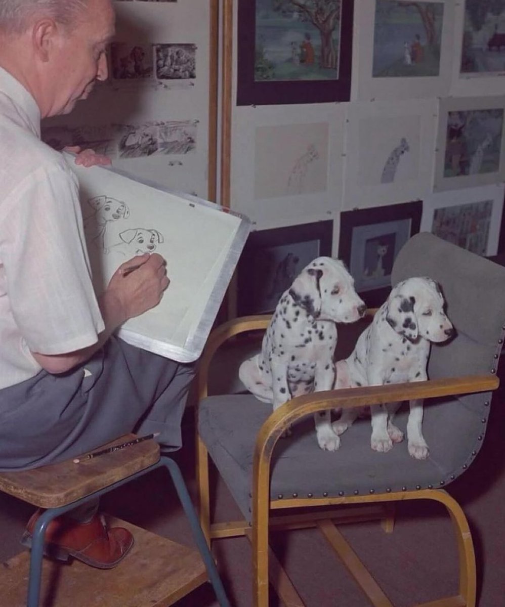 TheCinesthetic's tweet image. behind the scenes of '101 dalmatians', 1961