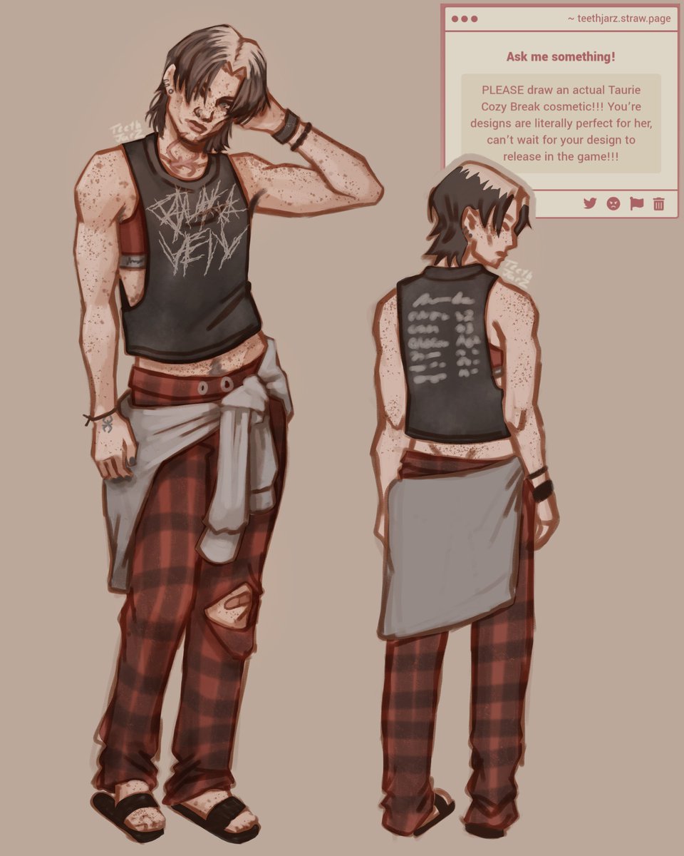 teethjarz's tweet image. did i steal this hairstyle from the sable design i made? yeah what of it
i said i was gonna make a taurie cozy break design forever ago and then never did, everyone thank this person for making me do this finally

#tauriecain #dbd #deadbydaylight #cozybreak #dbdfanart #strawpage