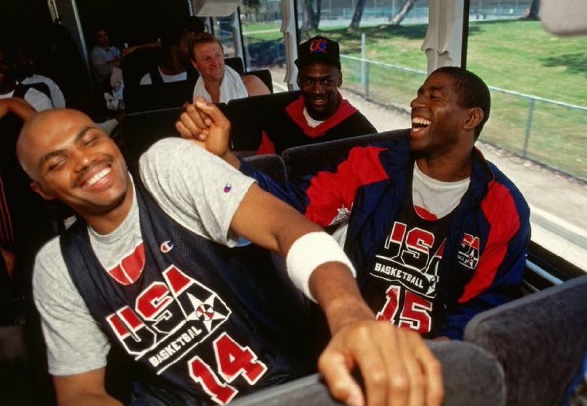 Charles Barkley, Magic Johnson, Michael Jordan, and Larry Bird riding a bus and having the time of their lives. Whatever was just said was definitely politically incorrect.