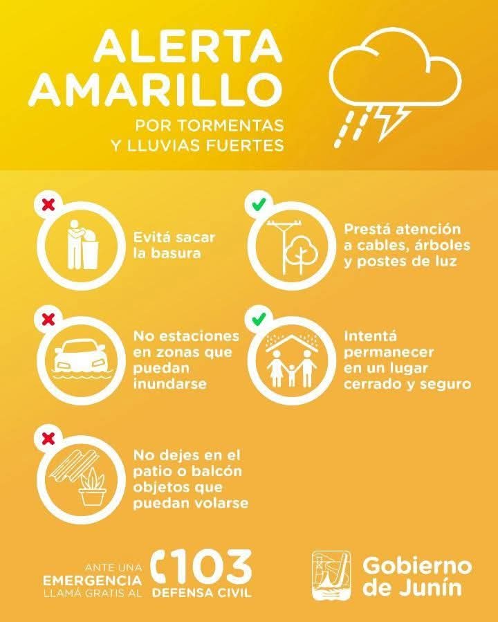gobiernodejunin's tweet photo. Ante el alerta amarillo anunciado por el Servicio
Meteorológico Nacional para esta tarde/noche, por
fuertes lluvias y viento, te pedimos que sigas las
siguientes recomendaciones.

En caso de que vos o alguien más se vea afectado por
este fenómeno, comunicate con el 103 📞 https://t.co/YuxijpeI6H