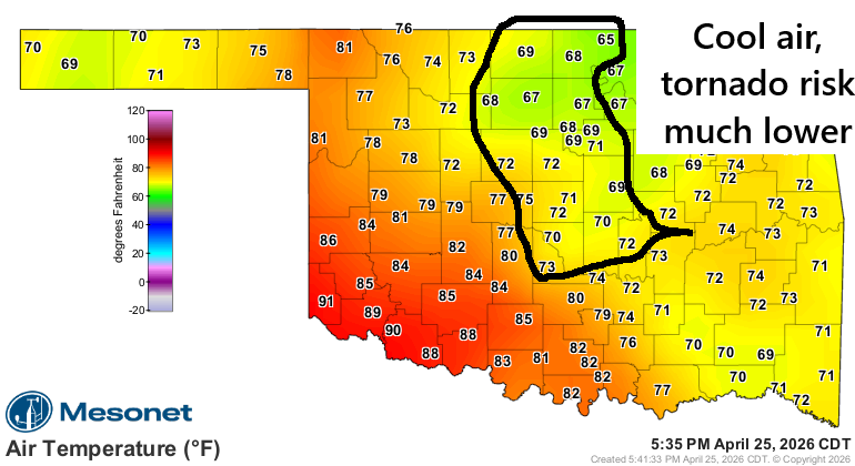 NWSNorman's tweet photo. 6:00 pm - The severe weather risk continues across our area this evening. However, it is worth noting that parts of central and northern Oklahoma (outlined in black below) have seen persistent cloud cover today. Because of the cooler air, the tornado risk is much lower there. https://t.co/gwJbigsYBB