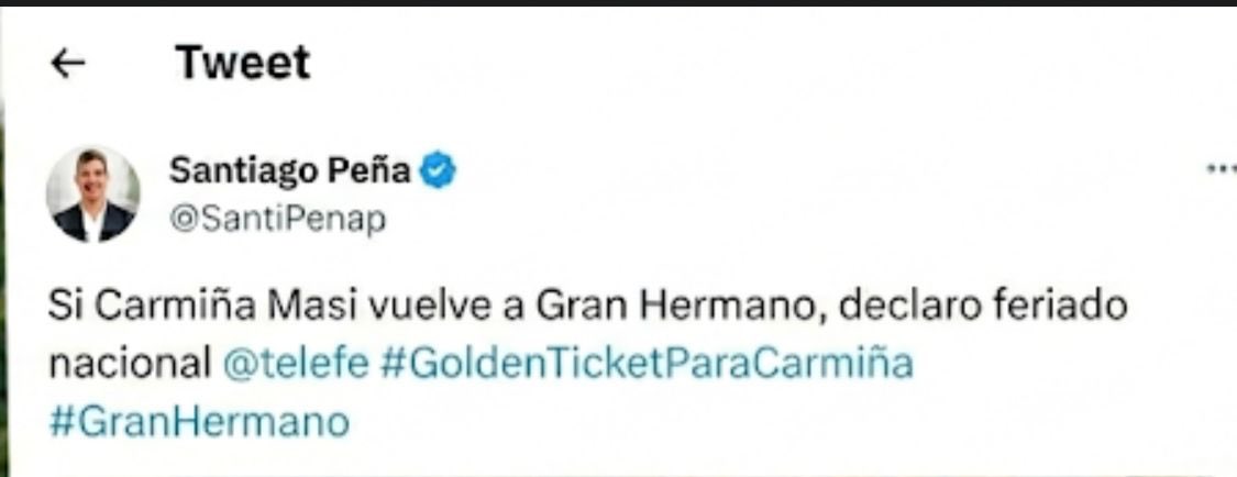 El presidente anunció que si <a href="/CarmiMasi/">Carmiña Masi</a> vuelve a GH, TENDREMOS FERIADO 🇵🇾

Esto es CAUSA NACIONAL #GranHermano
