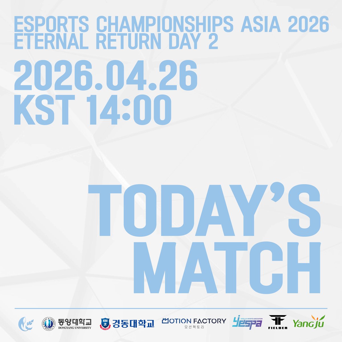 Yangju_Whale's tweet photo. | MATCH DAY |
ESPORTS CHAMPIONSHIPS ASIA 2026 ETERNAL RETURN DAY 2
π Start Time: 2026.04.26 14:00 KST
π‘ Format: OFFLINE & ONLINE
πΊ Live Broadcast
μ½μ½λ‘ λ μ±λ : https://t.co/8567B9a15Tβ¦
LETβS GO Yangju Whales! π
#YangjuWhales #EternalReturn #YJSWIN https://t.co/EYGkcH2Dji