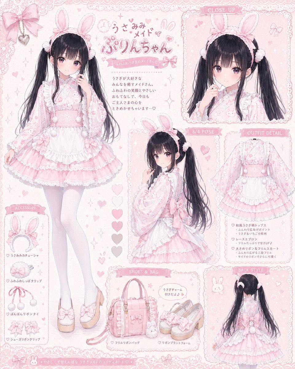 HimeUzuki's tweet photo. 参考图中人物，生成精致二次元人设图。保留人物发型、服装轮廓、主色调、饰品、鞋袜搭配与整体气质。画面包含主全身立绘、近景头像、侧面3/4视角、背面图、服装细节、配饰展示、色板和小标签。整体排版像角色设定集页面，风格统一，细节丰富。 https://t.co/yYMSGhimsI