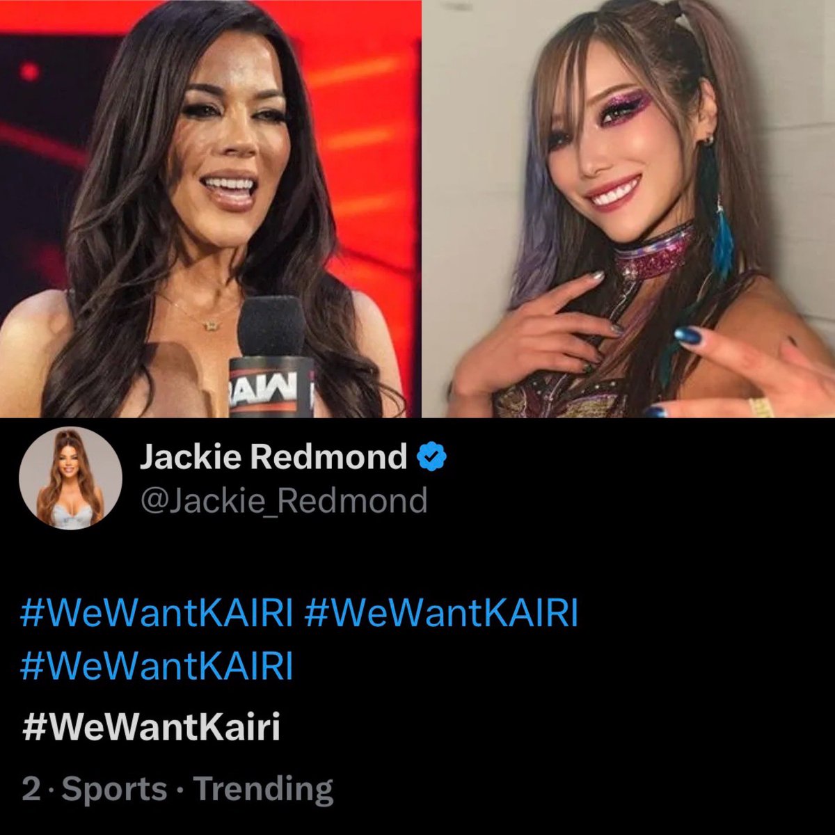 nodqdotcom's tweet image. Jackie Redmond joins the #WeWantKairi movement. #WWE