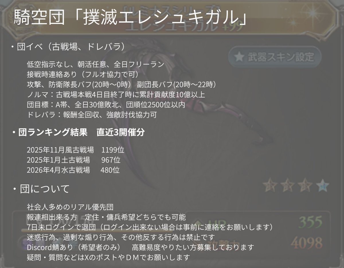 ark_ku's tweet photo. @granblueslime 団活タグから来ました。
ノルマ累計10億になります。
団ラン2500位以内は数年達成中。リアル優先団です。
ディスコは連絡用としてあると助かります。
よろしければうちの団もご検討下さいませ。 https://t.co/a53tUt3DoX