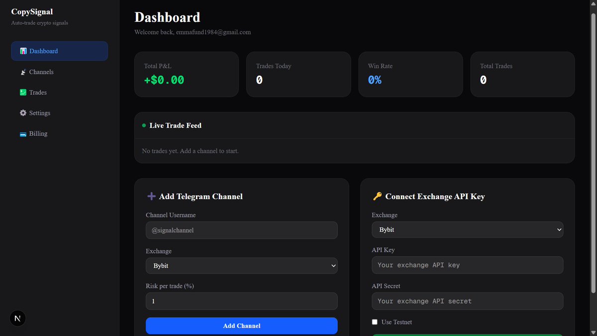 fundztechnology's tweet image. Day 8. All the hard part ✅️, just a fully functional dashboard remains. Big thanks to @CocobaseB887 . Copy #Signal #Bot for both #Binance and #bybit needs beta testers. They get to use the premium completely for free.