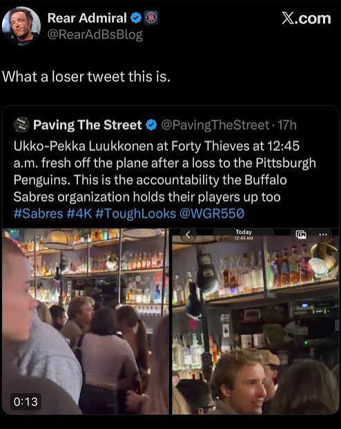 2Goalies1Mic's tweet photo. 13: Referred to as #UPLGate, a fan took picture/video of Sabres goaltender Ukko-Pekka Luukkonen at a bar the night before Thanksgiving after a loss earlier that night. The tweet criticized his passion/commitment to the team.
Many came to his defense including Sabres fans https://t.co/VpAVMuoN7l