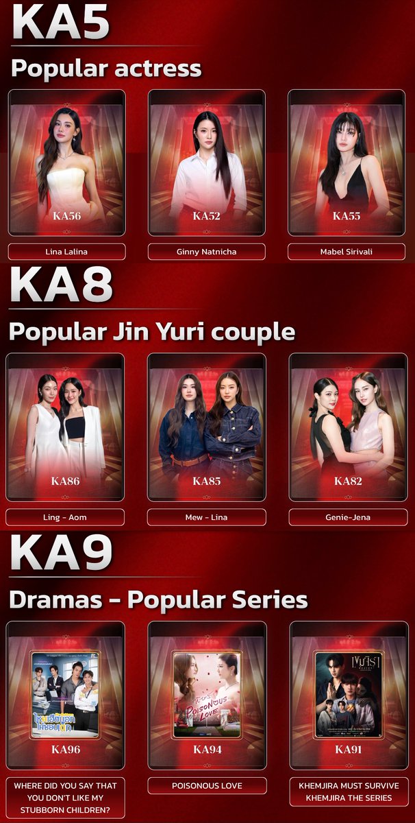 ⭐️ KCL Awards 2026  
📊 Web voting results 
📅 as of Apr 25 2026 
     
🏆 POPULAR ACTRESS: Ginny Natnicha 🥈  
🔗: awards.komchadluek.net/KA5                   
🏆 POPULAR YURI COUPLE: Ginny - Jayna 🥉  
🔗: awards.komchadluek.net/KA8                     
🏆 POPULAR DRAMAS AND SERIES:
