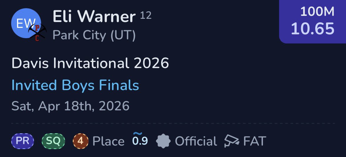 Eliwarner26's tweet photo. New PR in the 100 meter at Davis invitational!
 
10.65 ‼️‼️‼️

Lane 7 https://t.co/xQvHMPCMqU