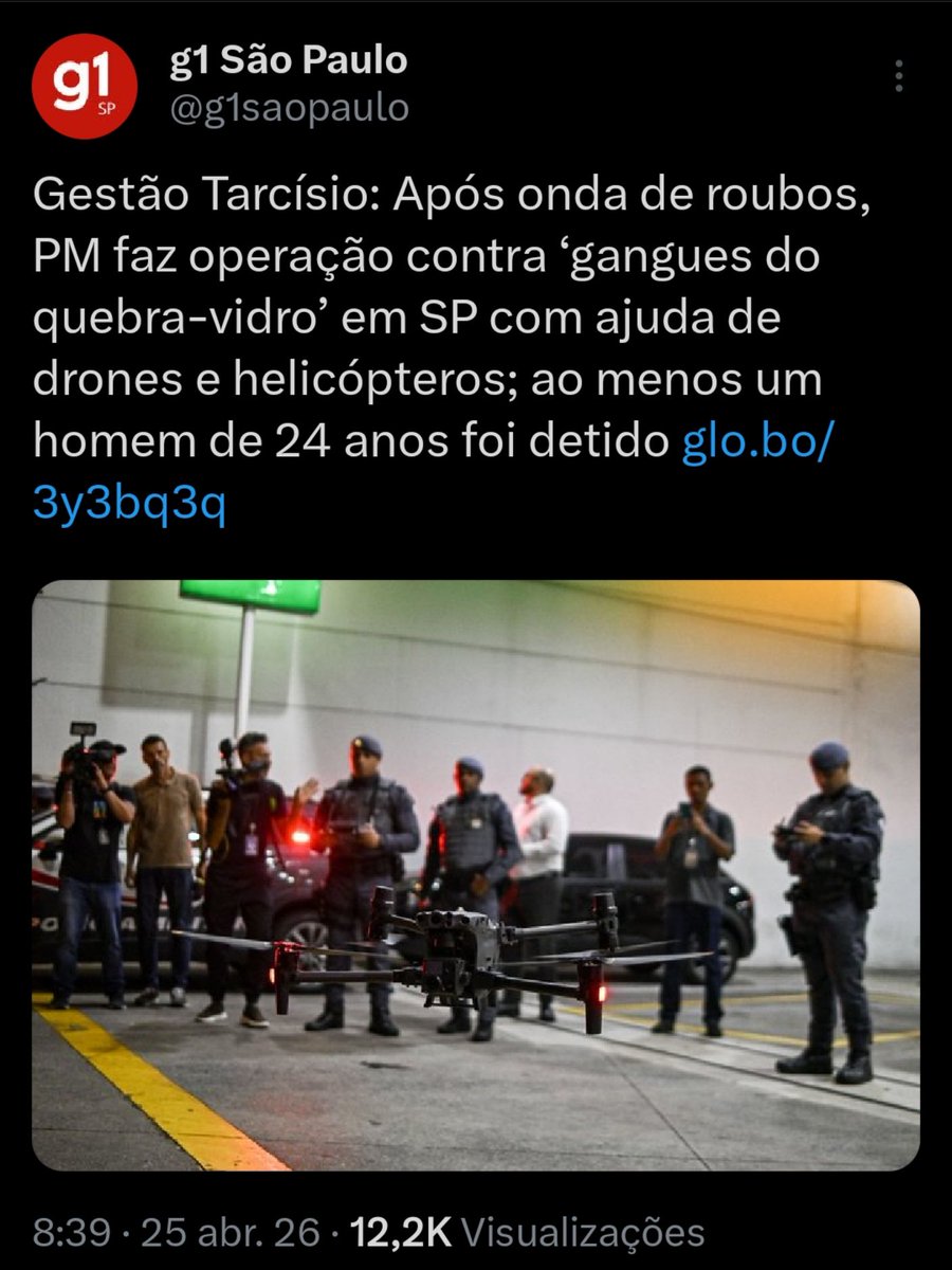 Megaoperação.

Drones e helicópteros.

Apenas um detido.

O governo Tarcísio é uma piada.