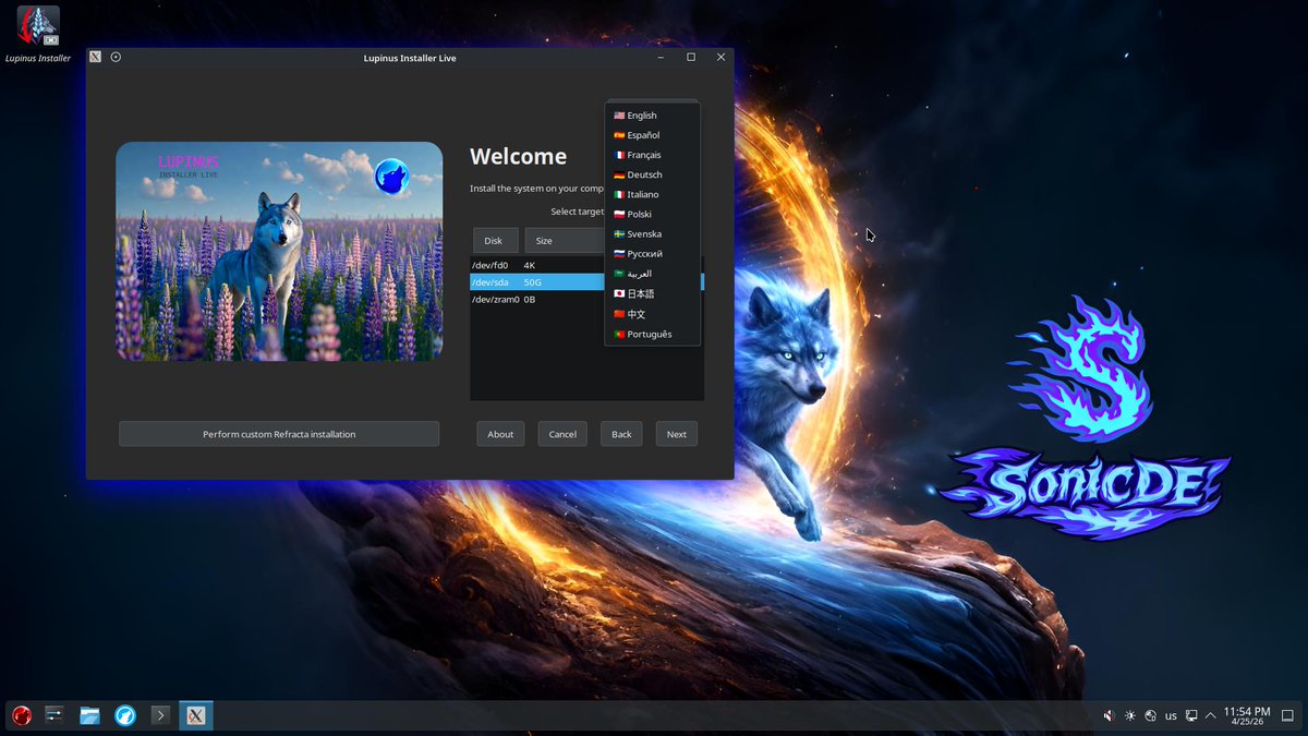 vendefoulwolf's tweet photo. Introducing the #Lupinus Installer (12 languages), now available in the latest #SonicDE 6.6.4 ISO. With it, we guarantee independence from #systemd. More information on installing Vendefoul: https://t.co/gNKMLVFjoT @lundukejournal @XLibreDev https://t.co/A4LCZAgXJT