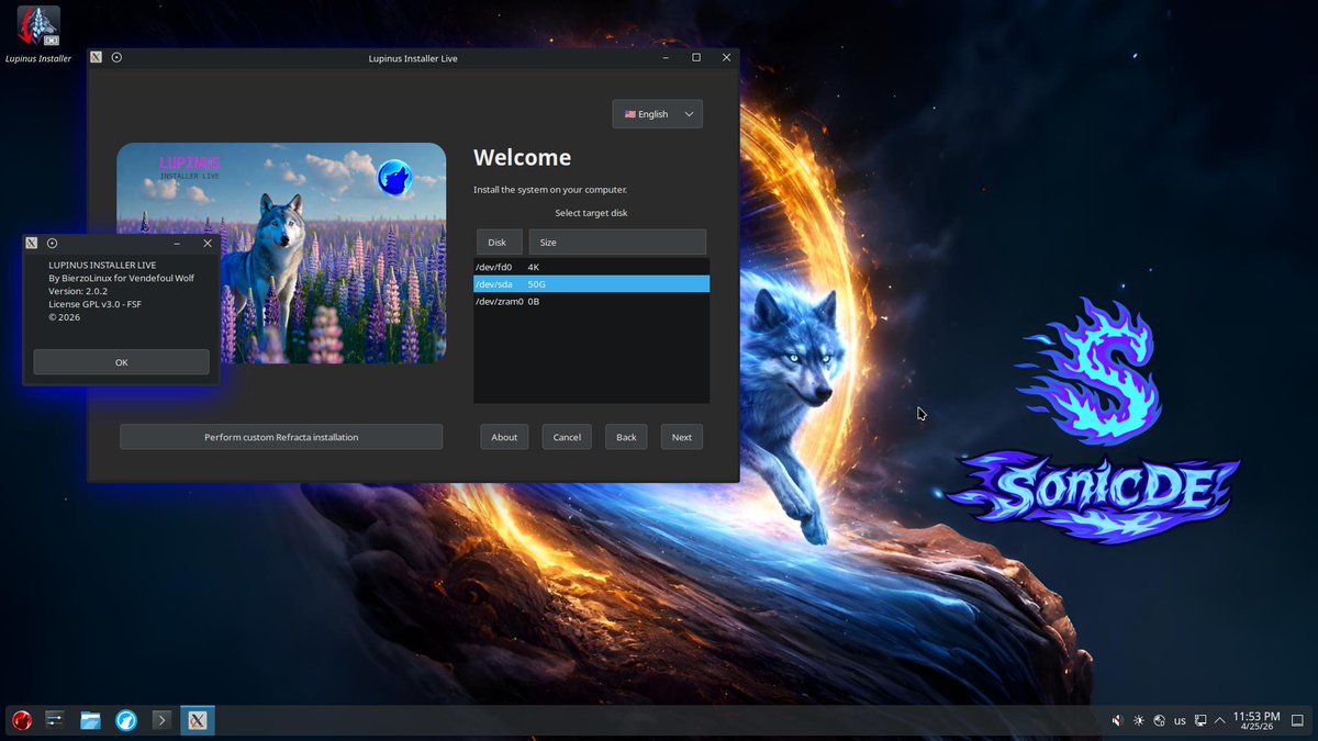 vendefoulwolf's tweet photo. Introducing the #Lupinus Installer (12 languages), now available in the latest #SonicDE 6.6.4 ISO. With it, we guarantee independence from #systemd. More information on installing Vendefoul: https://t.co/gNKMLVFjoT @lundukejournal @XLibreDev https://t.co/A4LCZAgXJT