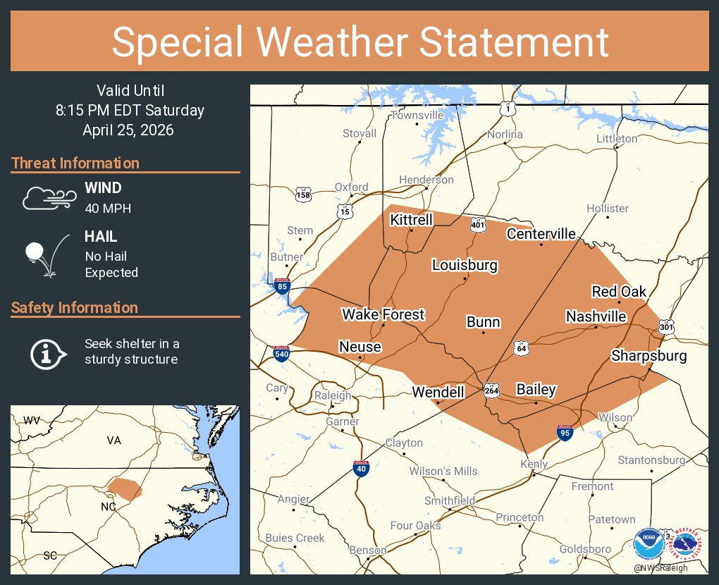 A special weather statement has been issued for Wake Forest NC, Wendell NC and  Nashville NC until 8:15 PM EDT