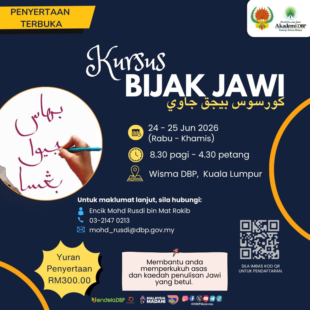 DBPMalaysia's tweet photo. 𝐊𝐮𝐫𝐬𝐮𝐬 𝐁𝐢𝐣𝐚𝐤 𝐉𝐚𝐰𝐢

Kursus ini ditawarkan kepada individu atau institusi yang berminat untuk mendapatkan pendedahan menyeluruh mengenai asas pembacaan dan tulisan Jawi mengikut pedoman ejaan semasa.

#DekadBahasaKebangsaan
#BahasaJiwaBangsa
#KursusAkademiDBP https://t.co/7MkqHfVQrG