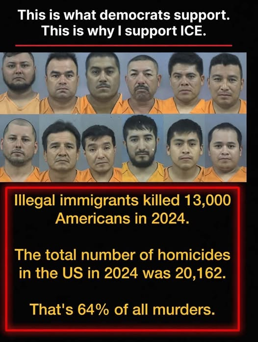 TRUMPGIRL_STL's tweet image. This is exactly why I stand with ICE 100%.
Look at these faces.
Illegal immigrants killed 13,000 Americans in 2024.
That’s 64% of ALL murders in the United States.
Blood is on their hands.
America First. Secure the border. Deport them all. 📷
#DeportThemAll #SecureTheBorder #ICE