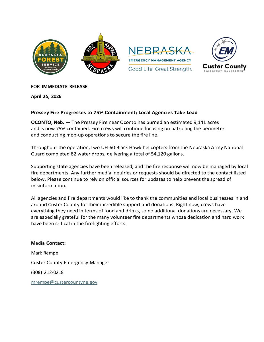 NEMAtweets's tweet photo. Pressey Fire Update – Custer County
State agencies have been released; local fire departments now managing response.

Thank you to the community &amp; local businesses for the incredible support! Crews currently have what they need—no additional donations needed. https://t.co/iXt402xHq0