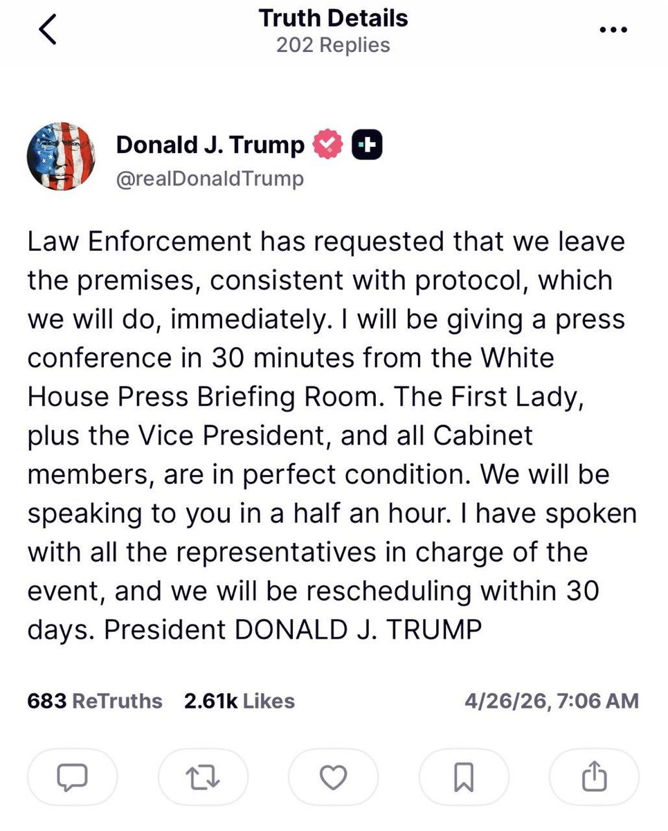 Trump says US Secret Service and Law Enforcement has requested everyone to leave from White House Correspondents’ Dinner in Washington Hilton Hotel. Trump to address a press conference shortly.