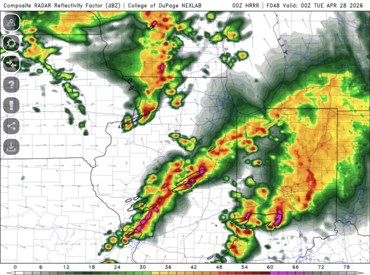 RFDSurge's tweet photo. 00z HRRR with a perfect example of what morning convection could do to this event. Environment is poor with disorganized cluttered convection with the tornado threat being lower. Smart of the SPC to maintain an enhanced risk as this is a big wildcard for this event #ilwx https://t.co/CI3KE5x1wN
