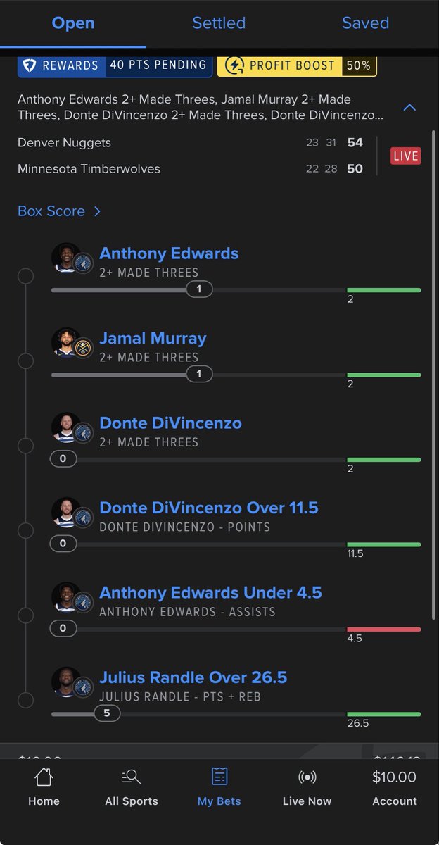 Longoria_Tyler's tweet photo. @FanDuel so ur telling me bet protection on every other app is free but i got to pay 30¢ to have bet protection for bs like this, when a man goes out in the first minute and then ant goes out in the first half with only 18 minutes played ya im sick of this shit https://t.co/gVNsEI0Sok