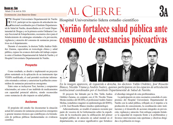 Desde el @HUDNariño seguimos comprometidos con la salud pública de nuestro departamento.

Junto al @IDSNariño, lideramos un estudio pionero para caracterizar el consumo de sustancias psicoactivas emergentes como Tusi y heroína, aplicando un instrumento tipo VESPA modificado.