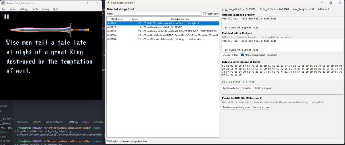 Hexplus's tweet photo. Just playing a bit with Mesen and a live string detector/editor. Remembering the ROM Hacking days a long long time ago... https://t.co/Fu1EE7C1eU